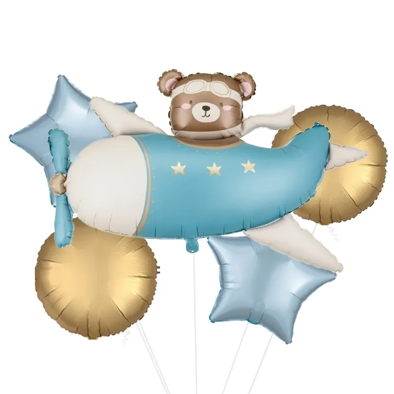 Bear in Light Blue Plane Foil Balloon
