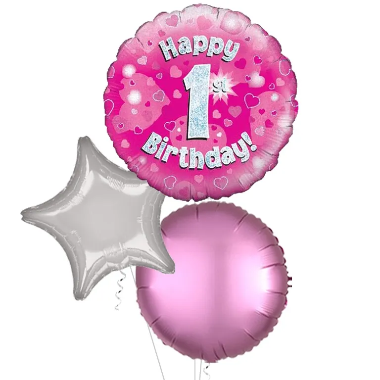 Holographic Pink Happy 1st Birthday Balloon