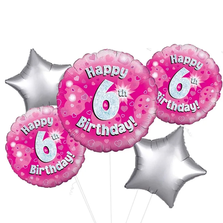 Holographic Pink Happy 6th Birthday Balloon