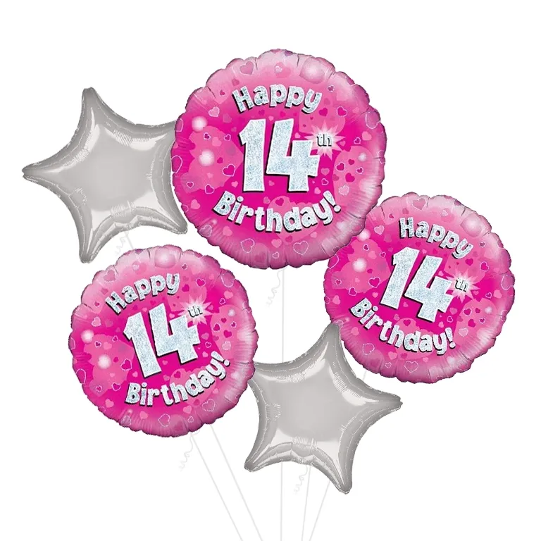 Holographic Pink Happy 14th Birthday Balloon