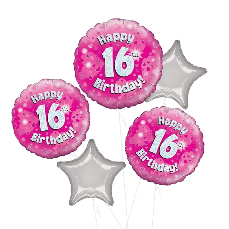 Holographic Pink Happy 16th Birthday Balloon