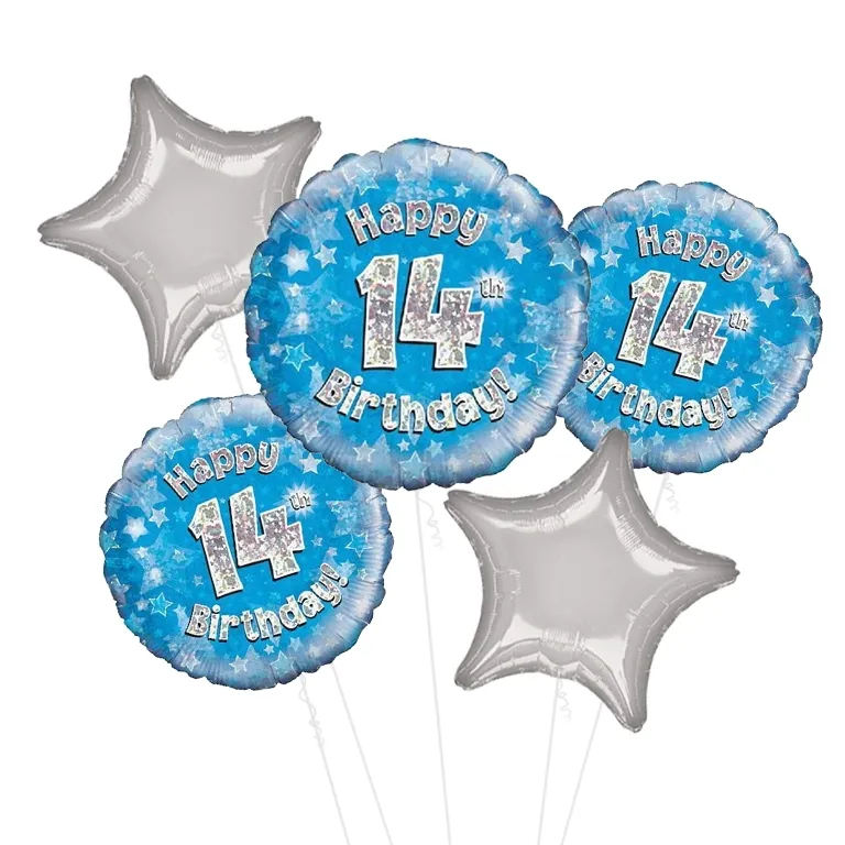 Happy 14th Birthday Blue Holographic Balloon