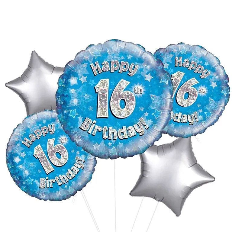 Happy 16th Birthday Blue Holographic Balloon