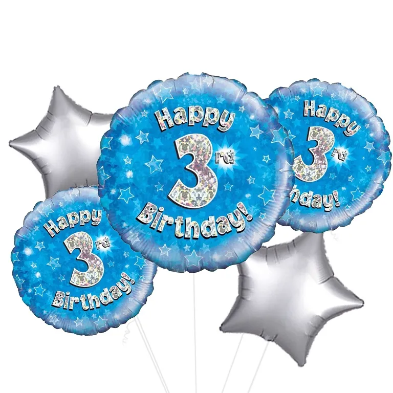 Holographic Blue Happy 3rd Birthday Balloon