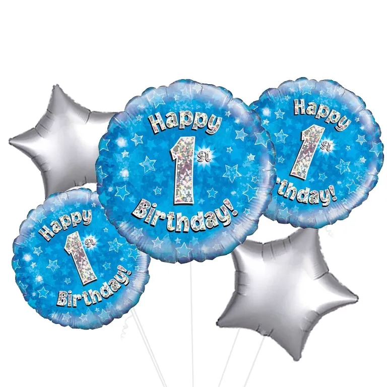 Holographic Blue Happy 1st Birthday Balloon