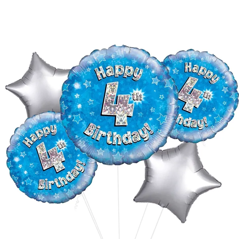 Holographic Blue Happy 4th Birthday Balloon