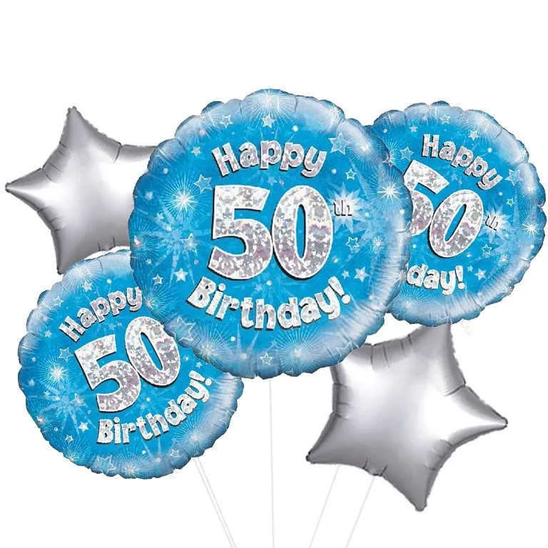 Happy 50th Birthday Blue Holographic Balloon